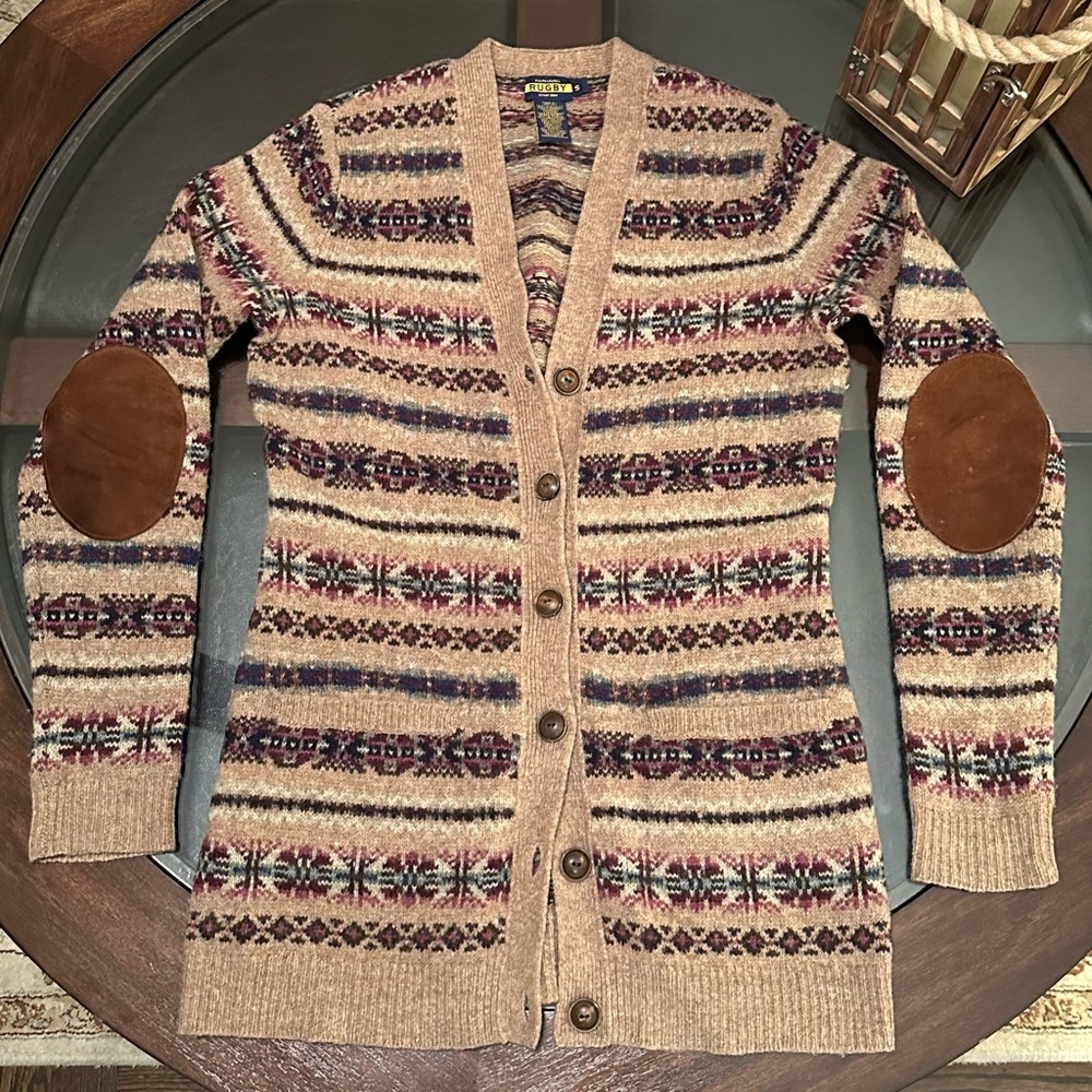 Ralph Lauren Rugby Womens Size Small Fair Isle Lambswool Cardigan Sweater Brown